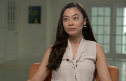 Chanel Miller sits for an interview with the PBS NewsHour. In her memoir, "Know My Name," she describes her process of healing after being sexual assaulted.