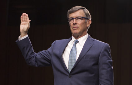 Nominee for director of the National Counterterrorism Center, Joseph Maguire, is sworn in during his confirmation hearing before the Senate Intelligence Committee on Capitol Hill in Washington, DC, on July 25, 2018. (Photo by Marcus Tappan / AFP) (Photo credit should read MARCUS TAPPAN/AFP/Getty Images)