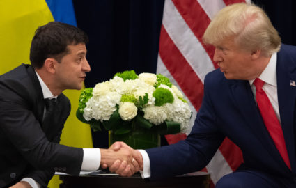 President Donald Trump and Ukrainian President Volodymyr Zelensky shake hands during a meeting in New York on the sidelines of the United Nations General Assembly. Photo by Saul Loeb/AFP/Getty Images