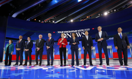 Democratic U.S. presidential candidates Senator Amy Klobuchar, Senator Cory Booker, South Bend Mayor Pete Buttigieg, Senator Bernie Sanders, former Vice President Joe Biden, Senator Elizabeth Warren, Senator Kamala Harris, entrepreneur Andrew Yang, former Rep. Beto O'Rourke and former Housing Secretary Julian Castro pose before the start at the 2020 Democratic U.S. presidential debate in Houston, Texas, U.S. September 12, 2019.