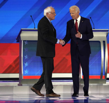 Senator Bernie Sanders joins former Vice President Joe Biden and Senator Elizabeth Warren onstage before the start of the 2020 Democratic U.S. presidential debate in Houston, Texas, U.S., September 12, 2019. REUTERS/Mike Blake