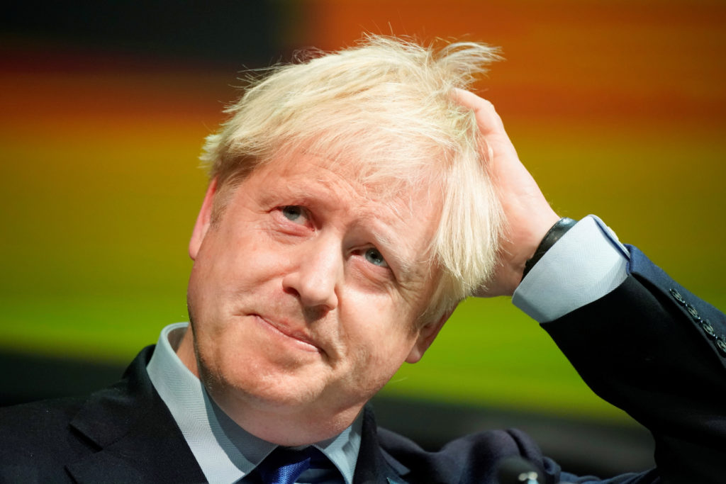 Britain's Prime Minister Boris Johnson reacts during the Convention of the North at the Magna Centre in Rotherham, Britain...