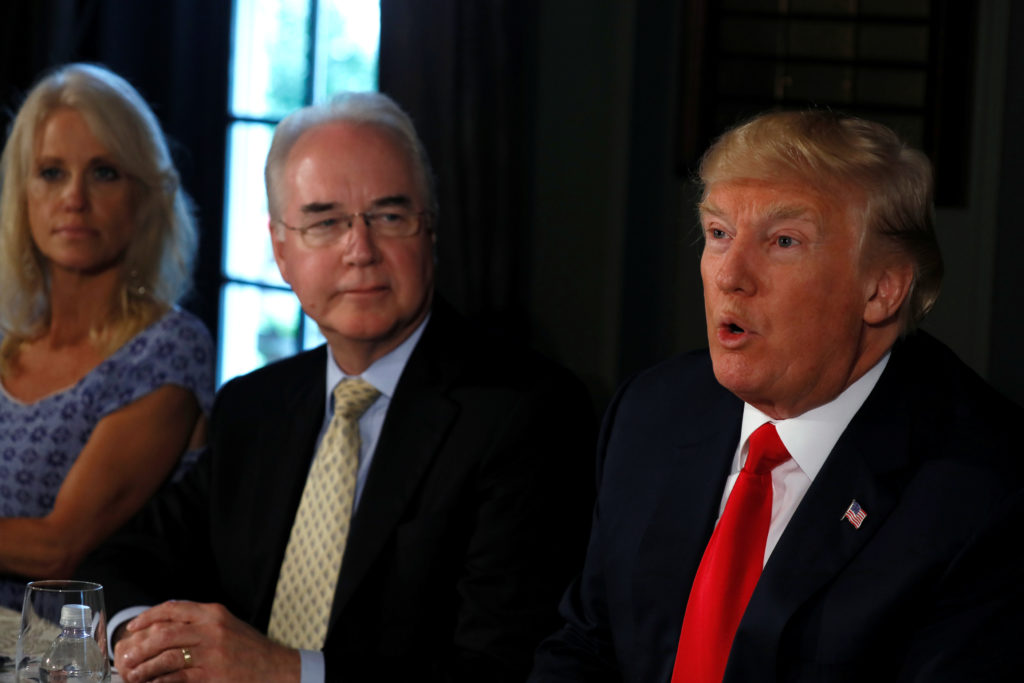 FILE PHOTO: U.S. President Donald Trump delivers remarks to reporters as he meets with Secretary of Health and Human Servi...