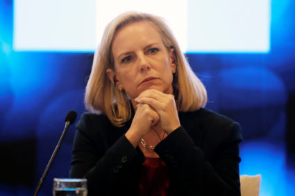 U.S. Secretary of Homeland Security Kirstjen Nielsen takes part in a news conference after the IV meeting of security ministers of the Northern Triangle of Central America in San Salvador, El Salvador February 20, 2019. Photo by Jose Cabezas/Reuters