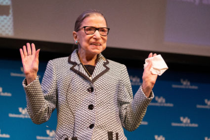 FILE PHOTO: U.S. Supreme Court Justice Ruth Bader Ginsburg waves to guests after a reception where she was presented with a honorary doctoral degree at the University of Buffalo School of Law in Buffalo, New York, U.S., August 26, 2019. REUTERS/Lindsay DeDario/File Photo