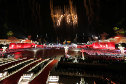 The number "70" formed by fireworks is seen in the sky over Tiananmen Square during the evening gala marking the 70th founding anniversary of People's Republic of China, on its National Day in Beijing, China October 1, 2019. Photo via Reuters