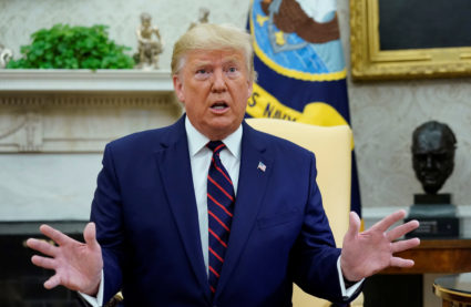 U.S. President Donald Trump speaks to reporters during a meeting with Finland's President Sauli Niinisto in the Oval Office of the White House in Washington, U.S., October 2, 2019. Photo by Kevin Lamarque/Reuters