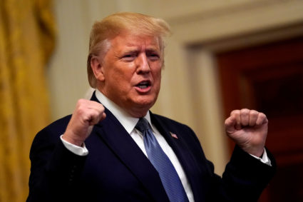 U.S. President Donald Trump greets the audience before delivering remarks at Young Black Leadership Summit at the White House in Washington, U.S., October 4, 2019. Photo by Yuri Gripas/Reuters