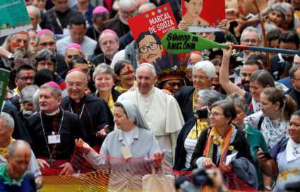 Pope Francis presides over procession at the start of the Synod of Amazonian bishops at the Vatican, October 7, 2019. Photo by Remo Casilli/Reuters
