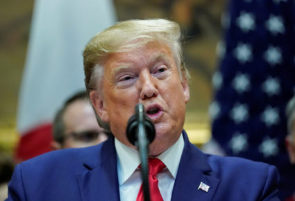 U.S. President Donald Trump speaks at a formal signing ceremony for the U.S.-Japan Trade Agreement at the White House in Washington, October 7, 2019. Photo by Kevin Lamarque/Reuters