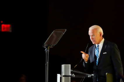 Democratic presidential candidate former Vice President Joe Biden reacts as he delivers a speech during the Women's Leadership Forum in Washington, U.S. October 17, 2019. Photo by Carlos Jasso/Reuters