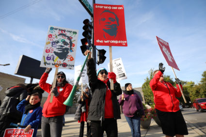 Teachers picket near New Field Elementary School on the second day day of a teachers' strike in Chicago, Illinois, U.S., October 18, 2019. Photo by John Gress/Reuters