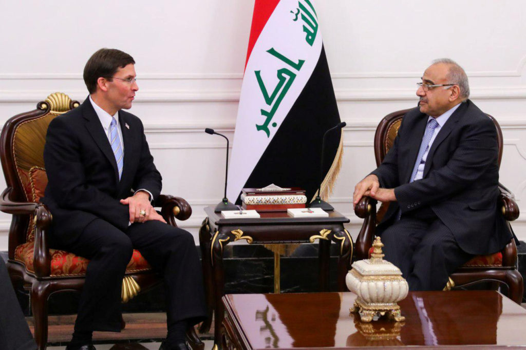 Iraqi Prime Minister Adel Abdul Mahdi meets with U.S. Defense Secretary Mark Esper in Baghdad, Iraq October 23, 2019. Phot...