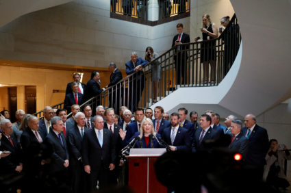 U.S. House Republicans speak to reporters after Deputy Assistant Secretary of Defense Laura Cooper arrived to testify at a closed-door deposition as part of the U.S. House of Representatives impeachment inquiry into U.S. President Trump led by the House Intelligence, House Foreign Affairs and House Oversight and Reform Committees on Capitol Hill in Washington, U.S. October 23, 2019. Photo by Carlos Jasso/Reuters