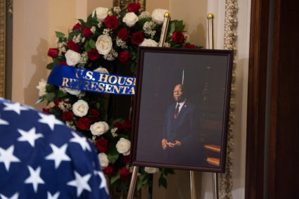 A portrait of the late U.S. Rep. Elijah Cummings (D-Md) sits nearby as his remains lie in state outside the House Chamber at the U.S. Capitol in Washington, U.S., October 24, 2019. Photo by Tom Williams/Pool via Reuters