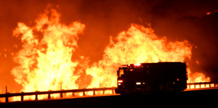 A fire truck is pictured, as a wind driven wildfire continues to burn in Canyon Country north of Los Angeles, California, U.S. October 25, 2019. Photo by Gene Blevins/Reuters
