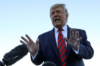U.S. President Donald Trump talks to reporters prior to boarding Air Force One and departing Washington for travel to Chicago at Joint Base Andrews, Maryland, U.S., October 28, 2019. Photo by Leah Millis/Reuters