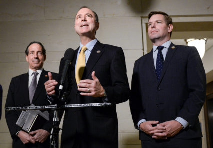 U.S. House Intelligence Committee Chair Rep. Adam Schiff (D-CA) speaks to reporters with Rep. Jamie Raskin (D-MD) and Rep. Eric Swalwell (D-CA) during a break in a closed-door deposition of U.S. Ambassador to the European Union Gordon Sondland as part of the U.S. House of Representatives impeachment inquiry into U.S. President Trump led by the House Intelligence, House Foreign Affairs and House Oversight and Reform Committees on Capitol Hill in Washington, U.S., October 28, 2019. Photo by Erin Scott/Reuters
