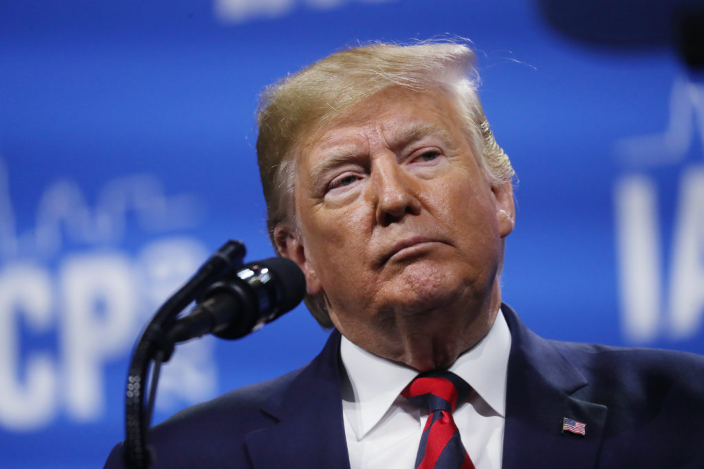 U.S. President Donald Trump delivers remarks at the International Association of Chiefs of Police annual conference and ex...