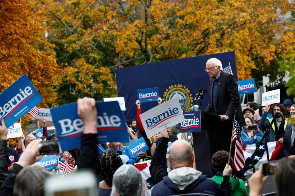 Democratic 2020 U.S. presidential candidate and Sen. Bernie Sanders, I-Vt., speaks at a campaign rally in front of the Sta...