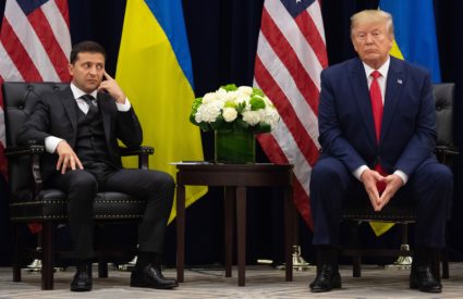 President Trump and Ukrainian President Volodymyr Zelensky in New York at the United Nations General Assembly. Photo by Saul Loeb/Getty Images.