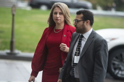 Rep. Katie Hill, D-Calif., arrives to the Capitol for the House vote on an impeachment inquiry resolution on Thursday, October 31, 2019. This was Hills last series of votes before her resignation, for having an improper relationship with an aide, becomes effective. (Photo By Tom Williams/CQ-Roll Call, Inc via Getty Images)