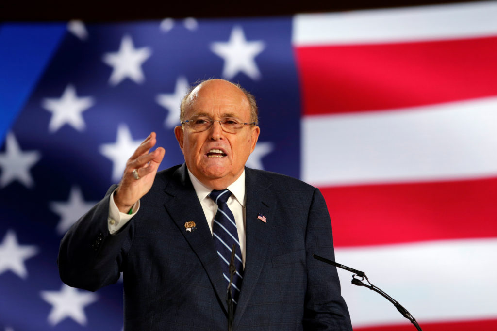 Rudy Giuliani, former Mayor of New York City, speaks at an event in Ashraf-3 camp, which is a base for the People's Mojahe...