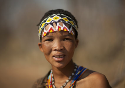 A Khoisan woman in Namibia on August 22, 2010 are an ethnic group of southwest Africa. They live in the Kalahari Desert across the borders of Botswana, Namibia, Angola and South Africa. Most live in Botswana. They have a foraging lifestyle based on the hunting of wild animals (usually with bows and poison arrows and spears) and the gathering of veld food. Their lifestyle is particularly adapted to the hard conditions of the Kalahari Desert. Photo by Eric LAFFORGUE/Gamma-Rapho via Getty Images