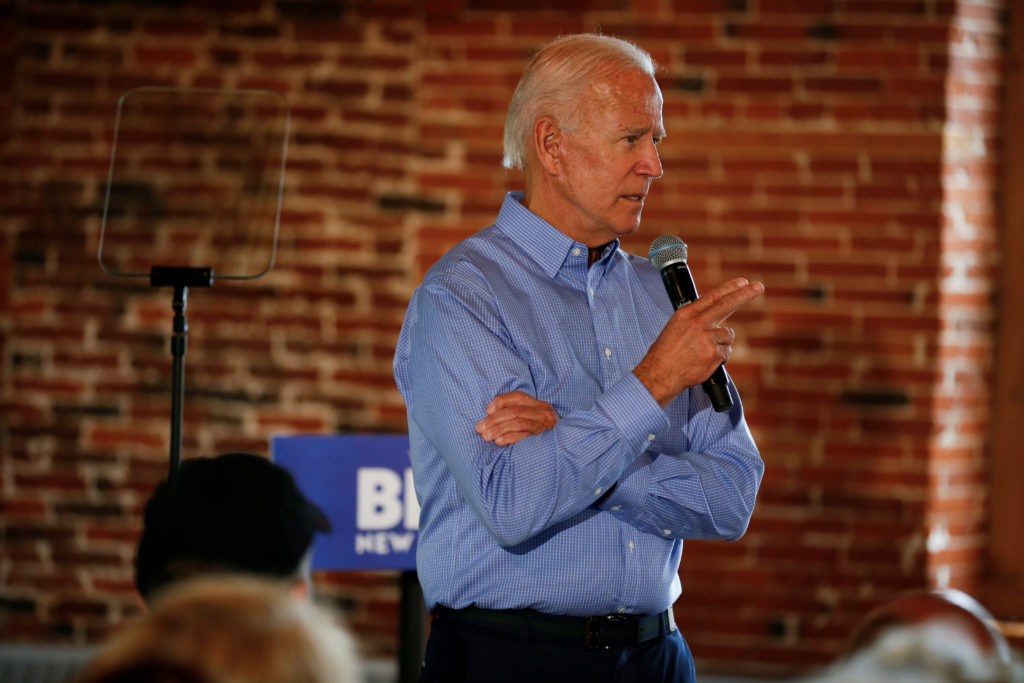 Democratic 2020 U.S. presidential candidate and former Vice President Joe Biden answers a question at a campaign town hall...