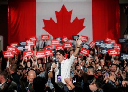 Liberal leader and Canadian Prime Minister Justin Trudeau takes part in a rally as he campaigns for the upcoming election, in Milton, Ontario, Canada, on October 19, 2019. Photo by Stéphane Mahé/Reuters