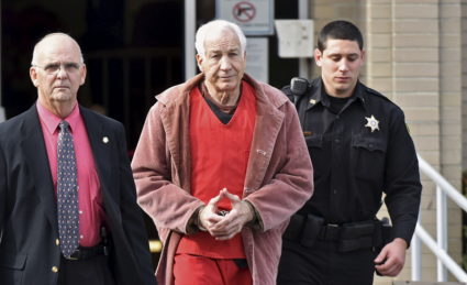 FILE: Convicted child molester Jerry Sandusky (C), a former assistant football coach at Penn State University, leaves after his appeal hearing at the Centre County Courthouse in Bellefonte, Pennsylvania, U.S. on October 29, 2015. Photo by REUTERS/Pat Little/File Photo