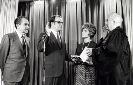 William Ruckelshaus is sworn in as the first Environmental Protection Agency Administrator by Chief Justice Warren Burger as Jill Ruckelshaus and President Richard Nixon look on, December 4, 1970. Courtesy The Nixon Library and Museum/Handout via REUTERS