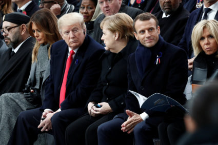 Brigitte Macron, French President Emmanuel Macron, German Chancellor Angela Merkel, U.S. President Donald Trump, first lady Melania Trump and Morocco's King Mohammed VI attend a commemoration ceremony for Armistice Day, 100 years after the end of the First World War at the Arc de Triomphe in Paris, France, November 11, 2018. Photo by Benoit Tessier/Pool via Reuters