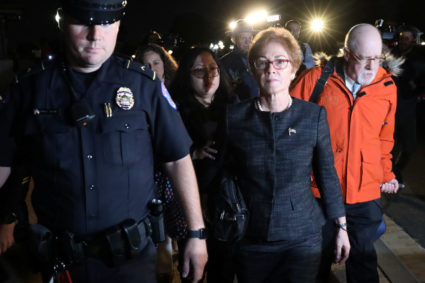 U.S. Capitol Police guide former U.S. ambassador to Ukraine Marie Yovanovitch as she departs after testifying in the U.S. House of Representatives impeachment inquiry into U.S. President Trump on Capitol Hill in Washington, U.S., October 11, 2019. Photo by Jonathan Ernst/Reuters