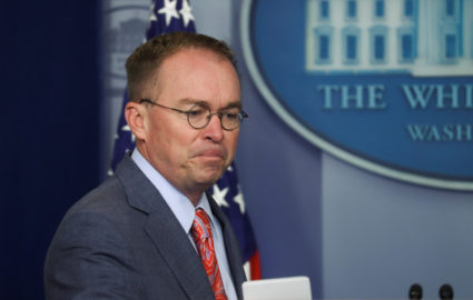 Acting White House Chief of Staff Mick Mulvaney arrives to answer questions from reporters during a news briefing at the White House in Washington, U.S., October 17, 2019. Photo by Leah Millis/Reuters