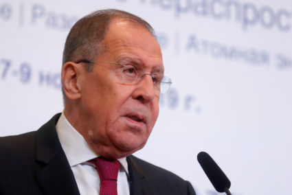 Russian Foreign Minister Sergei Lavrov delivers a speech during the Moscow Nonproliferation Conference in Moscow, Russia on November 8, 2019. Photo by Maxim Shemetov/Reuters