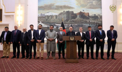 Afghanistan's President Ashraf Ghani speaks about the release of two senior Taliban commanders and a leader of the Haqqani militant group in exchange for an American and an Australian professor who were kidnapped in 2016, in Kabul, Afghanistan November 12, 2019. Afghan Presidential Palace /Handout via Reuters