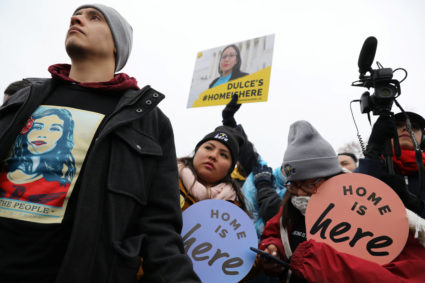 Protesters hold signs outside the U.S. Supreme Court as justices were scheduled to hear oral arguments in the consolidation of three cases before the court regarding the Trump administration’s bid to end the Deferred Action for Childhood Arrivals (DACA) program in Washington, U.S., November 12, 2019. Photo by Jonathan Ernst/Reuters
