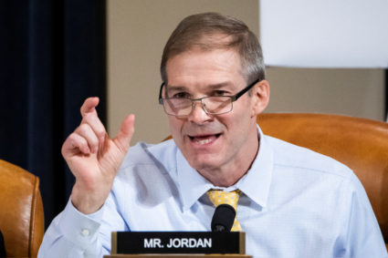 Republican Representative from Ohio Jim Jordan speaks during the House Permanent Select Committee on Intelligence hearing on the impeachment inquiry into U.S. President Donald J. Trump, on Capitol Hill in Washington, DC, U.S., November 13, 2019. Jim Lo Scalzo/Pool via REUTERS