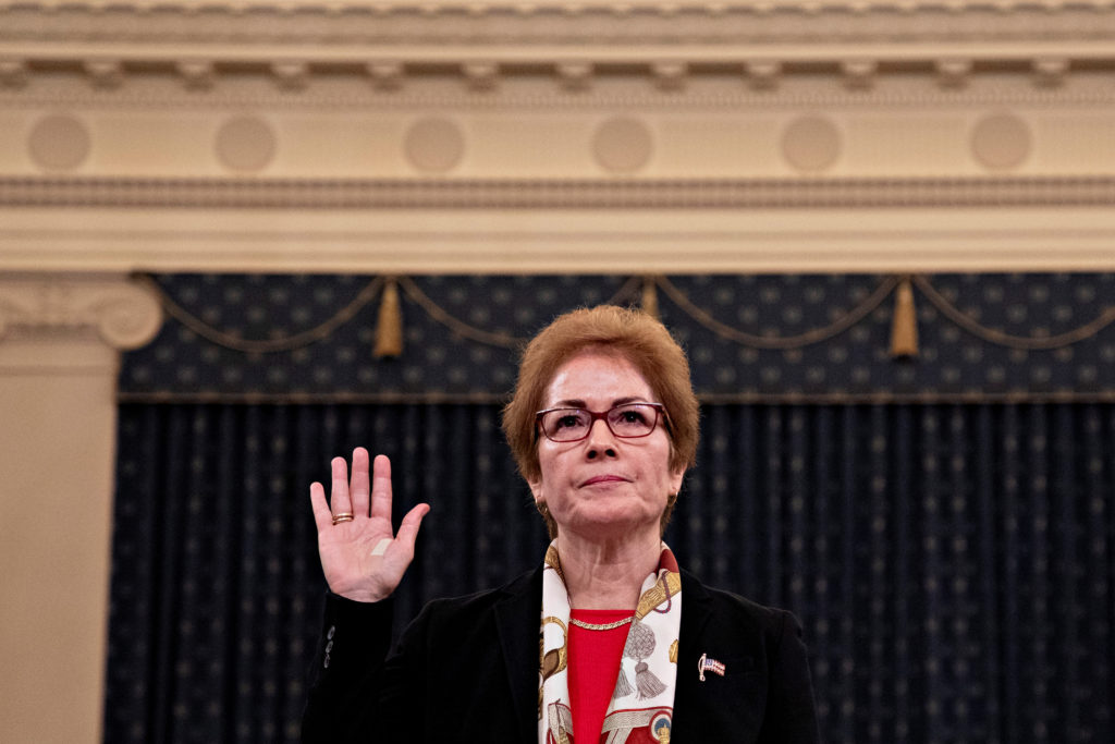 Marie Yovanovitch, former U.S. ambassador to Ukraine, is sworn in to testify before a House Intelligence Committee hearing...