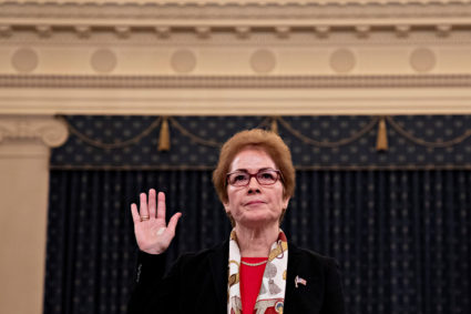 Marie Yovanovitch, former U.S. ambassador to Ukraine, is sworn in to testify before a House Intelligence Committee hearing as part of the impeachment inquiry into U.S. President Donald Trump on Capitol Hill in Washington, U.S., November 15, 2019. Andrew Harrer/Pool via REUTERS