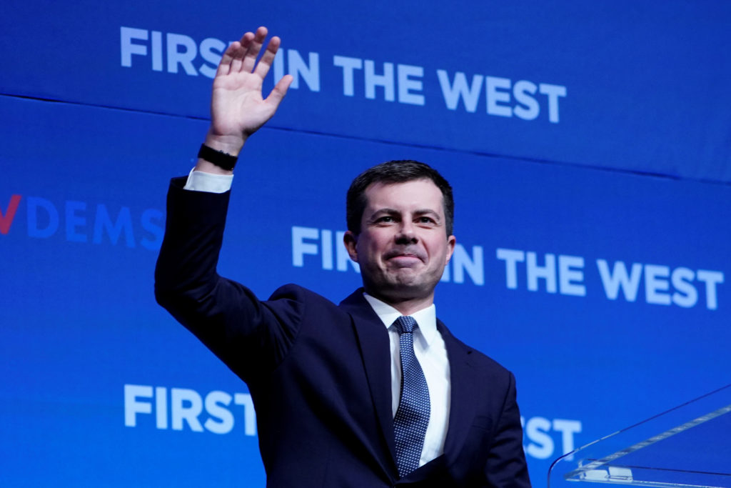 Democratic U.S. presidential candidate Pete Buttigieg appears on stage at a First in the West Event at the Bellagio Hotel ...