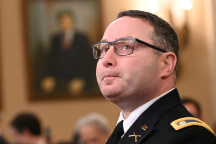 Alexander Vindman, director for European Affairs at the National Security Council, takes his seat to testify before a House Intelligence Committee hearing as part of the impeachment inquiry into U.S. President Donald Trump on Capitol Hill in Washington, U.S., November 19, 2019. Photo by Erin Scott/Reuters