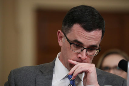 Tim Morrison, former senior director for European and Russian affairs on the National Security Council, attends a House Intelligence Committee hearing as part of the impeachment inquiry into U.S. President Donald Trump on Capitol Hill in Washington, U.S., November 19, 1019. REUTERS/Loren Elliott