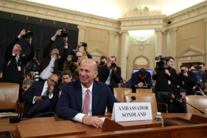 U.S. Ambassador to the European Union Gordon Sondland takes his seat after a break a House Intelligence Committee hearing as part of the impeachment inquiry into U.S. President Donald Trump on Capitol Hill in Washington, U.S., November 20, 2019. REUTERS/Loren Elliott