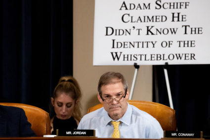 U.S. Rep. Jim Jordan (R-OH) listens during a House Intelligence Committee impeachment inquiry hearing with Gordon Sondland, the U.S. Ambassador to the European Union (not pictured) in Washington, D.C., U.S., November 20, 2019. Anna Moneymaker/Pool via REUTERS