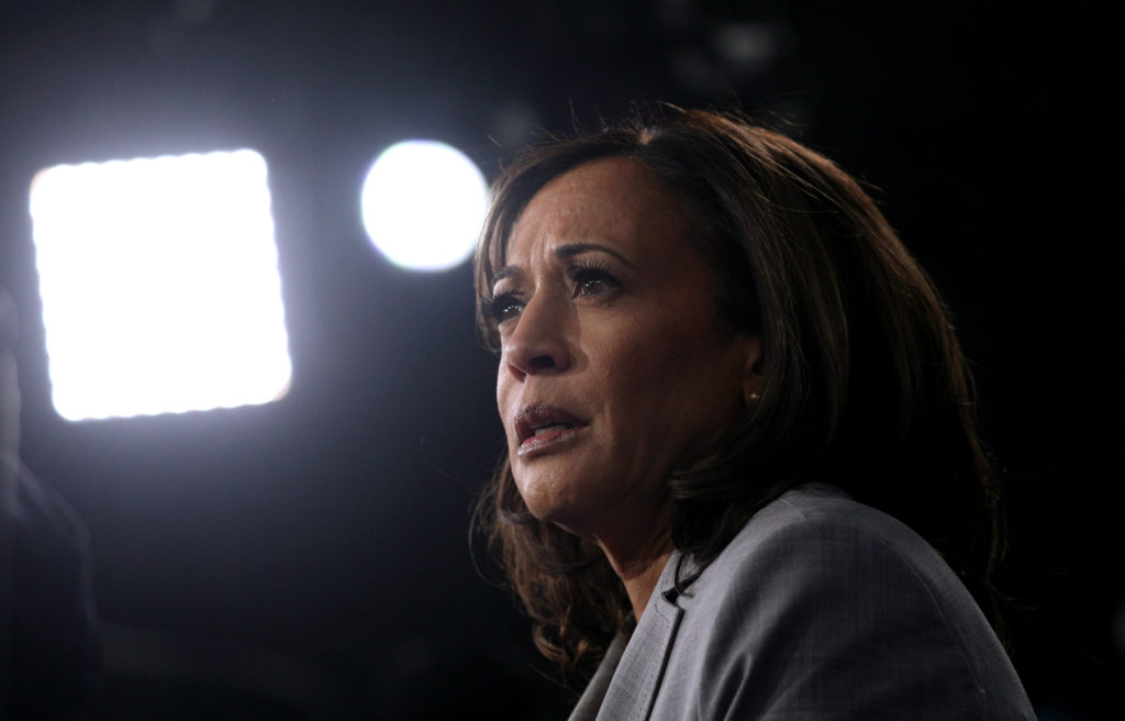 Democratic presidential candidate Senator Kamala Harris is interviewed in the spin room after the U.S. Democratic presiden...