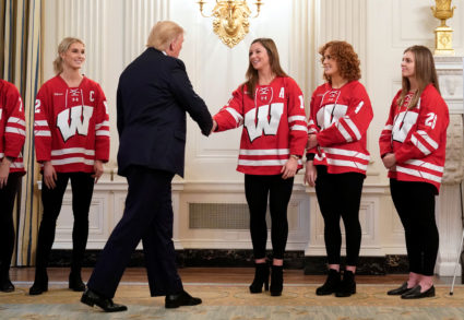 U.S. President Donald Trump greets members of the University of Wisconsin ice hockey team during an "NCAA Champions Day" event to honor various NCAA Division I individual champions at the White House in Washington, U.S., November 22, 2019. Photo by Joshua Roberts/Reuters