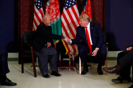 U.S. President Donald Trump meets with Afghanistan President Ashraf Ghani during a surprise visit at Bagram Air Base in Afghanistan, November 28, 2019. Photo by Tom Brenner/Reuters