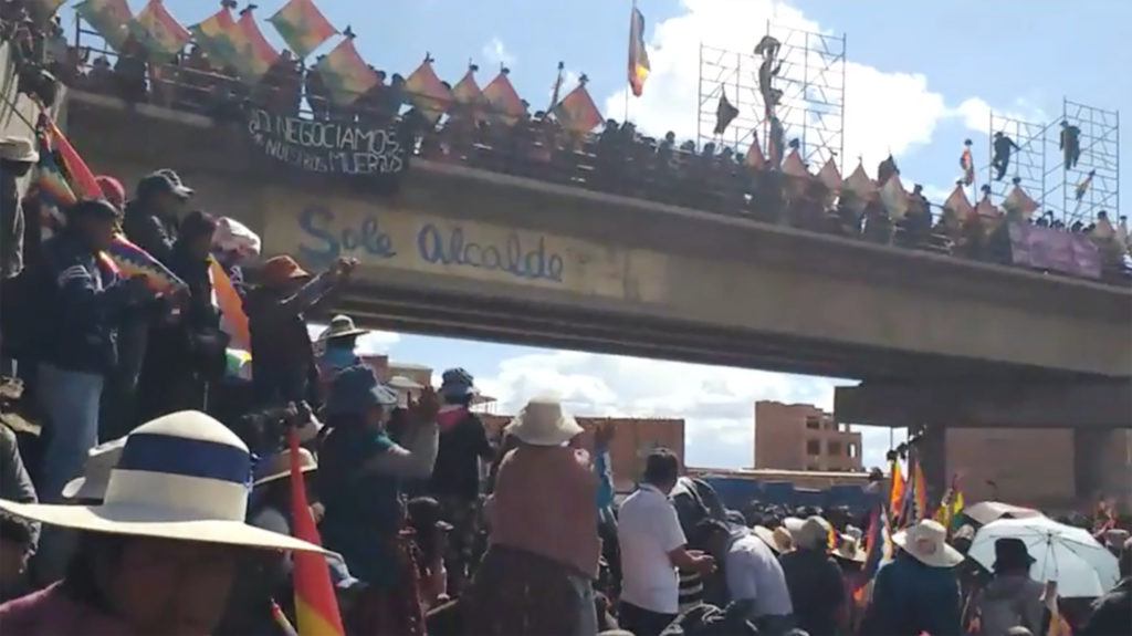 People protest near petrol plant in Senkata in El Alto, Bolivia November 20, 2019 in this still image obtained from social...